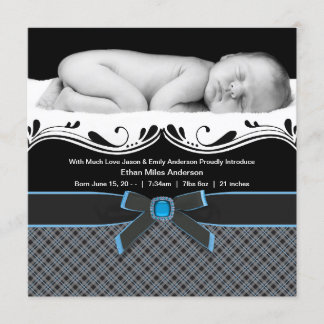 Blue Plaid Baby Boy Photo Birth Announcement