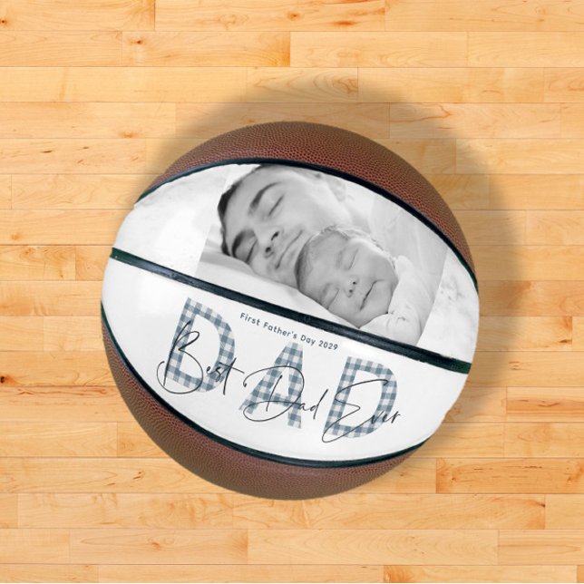 Blue Plaid Best Dad Ever Photo First Fathers Day Basketball (Easily personalize this photo Best Dad Ever basketball for his First Father's Day for a unique gift)