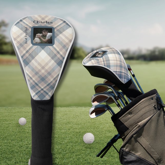 Blue Plaid Best Dog Dad Custom Photo  Golf Head Cover (Happy Father's Day to all dog dad's! Personalize this golf head cover with your own photo and words!)