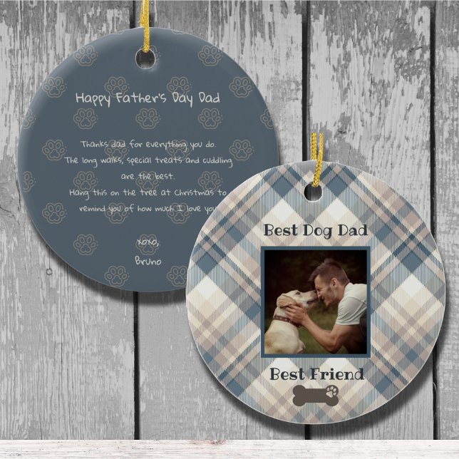 Blue Plaid Best Dog Dad Photo Father's Day Ceramic Tree Decoration (A special ornament from the dog. Personalize with your favorite photo and name.  Happy Father's Day!)
