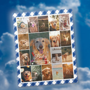 Blue Plaid Border 17 Photo Collage Pet Memorial Fleece Blanket