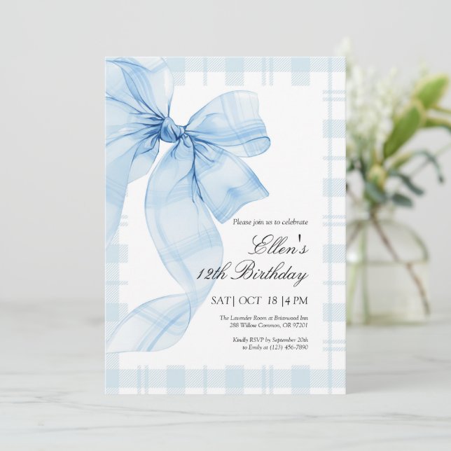 Blue Plaid Bow Birthday Invitation (Standing Front)