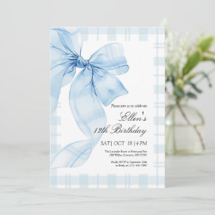 Blue Plaid Bow Birthday Invitation