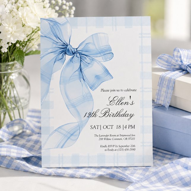Blue Plaid Bow Birthday Invitation (Creator Uploaded)