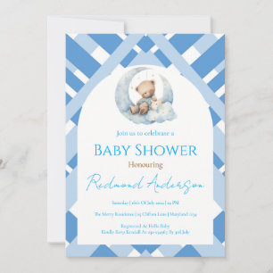 Blue Plaid Boy Baby shower bear Invitation