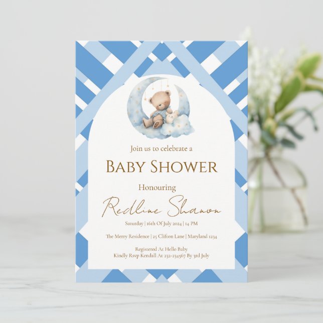 Blue Plaid Boy Baby shower bear Invitation (Standing Front)