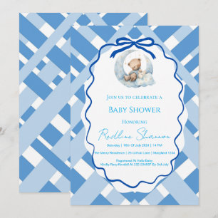 Blue Plaid Boy Baby shower bear ribbon Invitation
