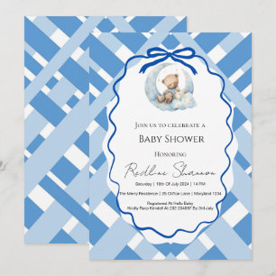 Blue Plaid Boy Baby shower bear ribbon Invitation