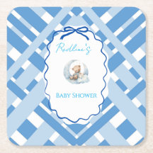 Blue Plaid Boy Baby shower bear ribbon Square Pape