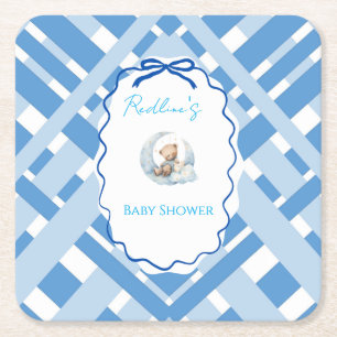 Blue Plaid Boy Baby shower bear ribbon Square Pape Paper Coaster