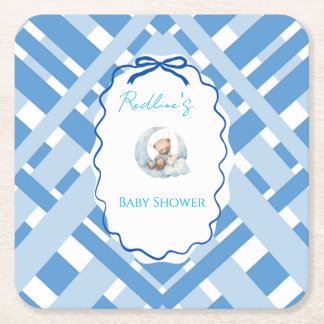Blue Plaid Boy Baby shower bear ribbon Square Pape Paper Coaster