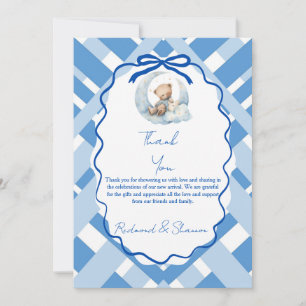 Blue Plaid Boy Baby shower bear ribbon Thank You Card