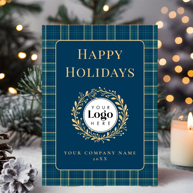 Blue Plaid Business Logo Holiday Thank You Card (Creator Uploaded)
