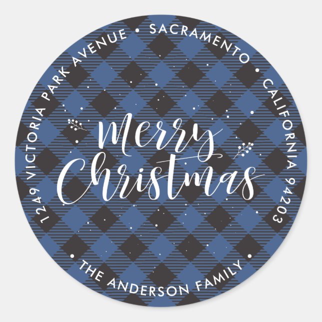 Blue Plaid Christmas Return Address Labels (Front)