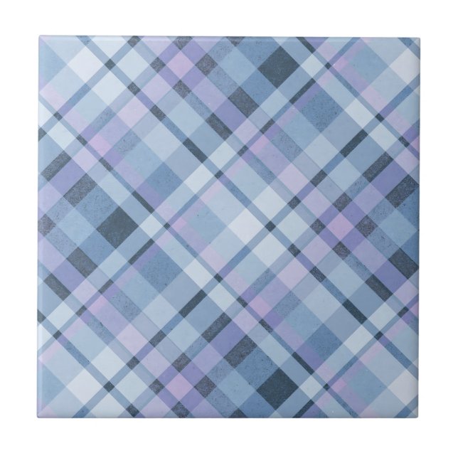 Blue Plaid distressed grungy blue tartan Tile (Front)