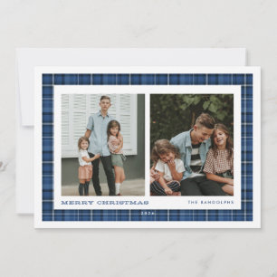 Blue Plaid Double Photo Christmas Holiday Card