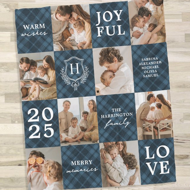 Blue Plaid Family Monogram 8 Photo Christmas Fleece Blanket (Creator Uploaded)
