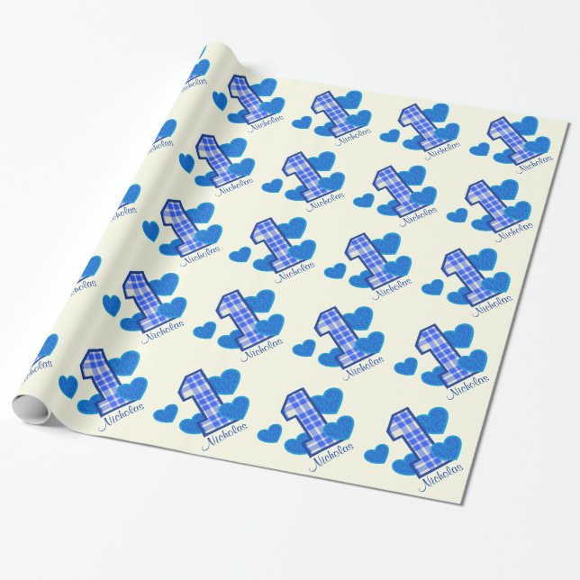 BLUE PLAID First Birthday Custom Name V03 Wrapping Paper (Unrolled)