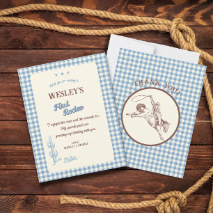 Blue Plaid First Rodeo Western 1st Birthday Thank You Card