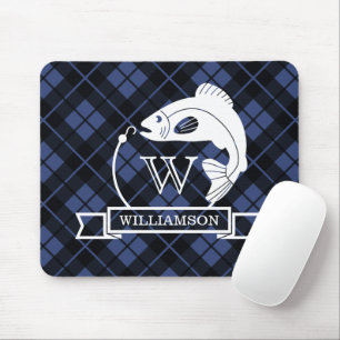 Blue Plaid Fish & Hook Monogram Mouse Pad