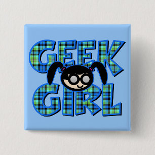 Blue Plaid Geek Girl with Graphic 15 Cm Square Badge