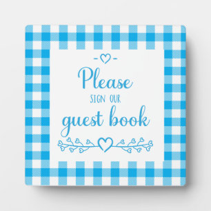Blue Plaid Gingham Rustic Wedding Guest Book Sign Plaque