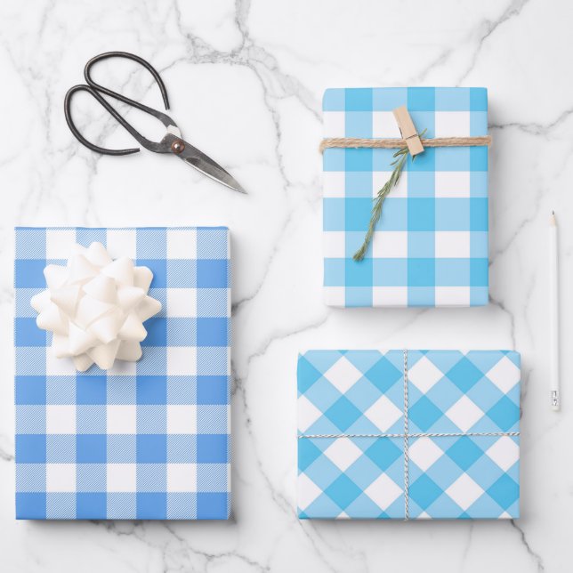 Blue Plaid Gingham Wrapping Paper Sheet (Front)