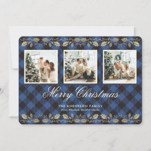 Blue Plaid Gold Holly 3 Photo Merry Christmas Card