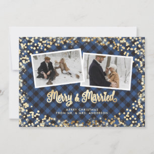 Blue Plaid Gold Newlyweds Photo Christmas Holiday Card
