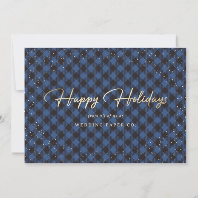 Blue Plaid Gold Snow Business Holiday Cards (Front)
