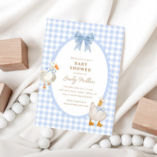 Blue Plaid Goose Duck Coquette Baby Shower Invitation