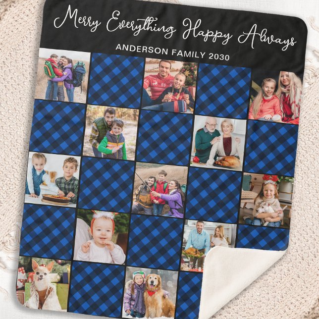 Blue Plaid Holiday Personalised 13 Photo Collage Sherpa Blanket (Creator Uploaded)