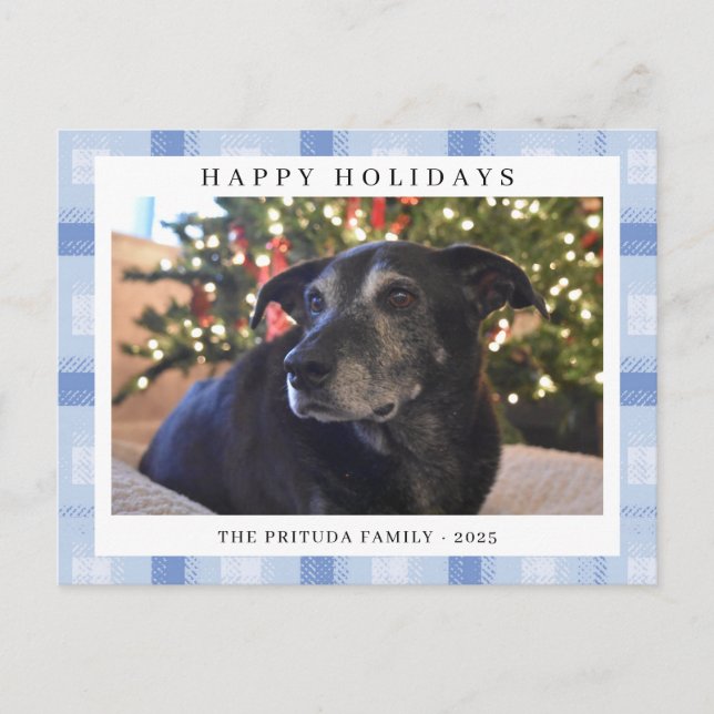 Blue Plaid Holiday Photo Postcard (Front)