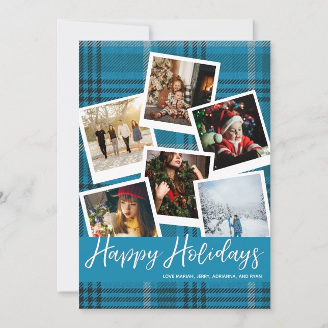 Blue Plaid Instant Multi Photo Happy Holidays Card (Front)