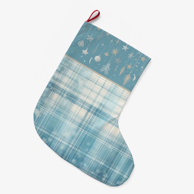 Blue Plaid Large Christmas Stocking (Front (Hanging))
