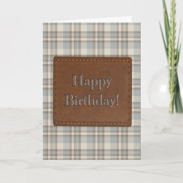 Blue Plaid Leather Patch Rustic Masculine  Card (Front)