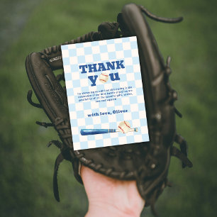 Blue Plaid Little Slugger Baseball Baby Shower Thank You Card