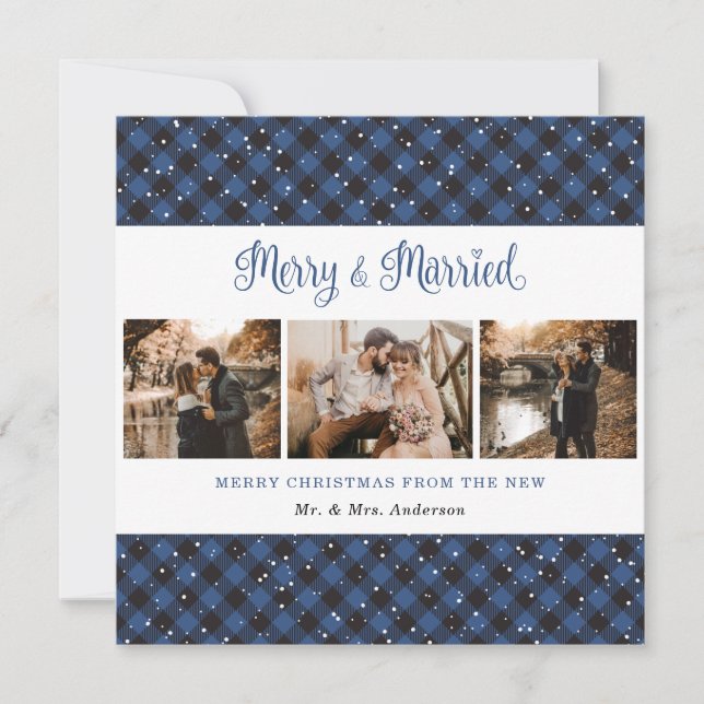 Blue Plaid Merry and Married Christmas Card (Front)