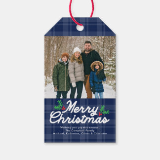 Blue Plaid Merry Christmas Photo Gift Tags