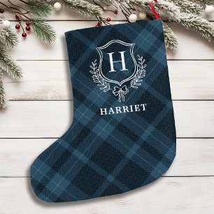 Blue Plaid Monogram Initial Tartan Large Christmas Stocking