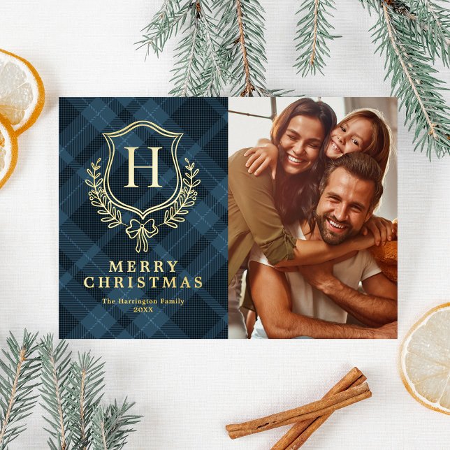 Blue Plaid Monogram Photo Christmas (Creator Uploaded)