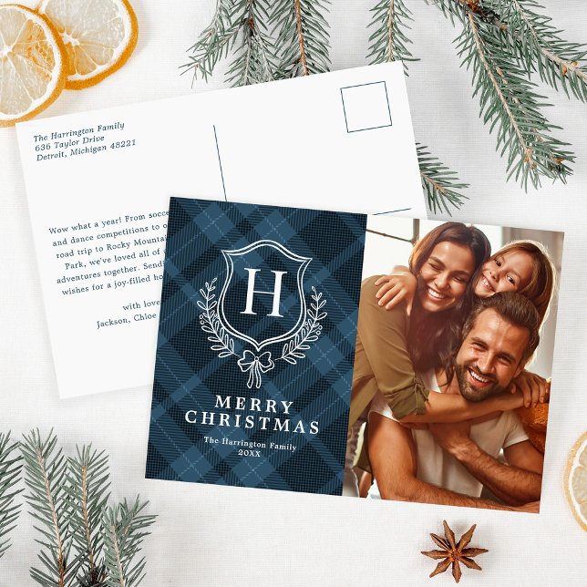 Blue Plaid Monogram Photo Christmas Holiday Postcard (Creator Uploaded)