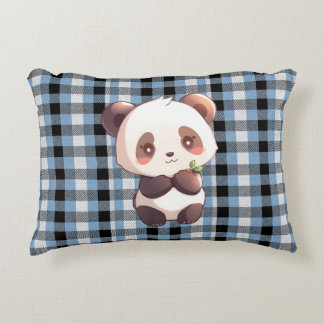 Blue Plaid Panda Accent Pillow