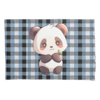 Blue Plaid Panda Pillowcase