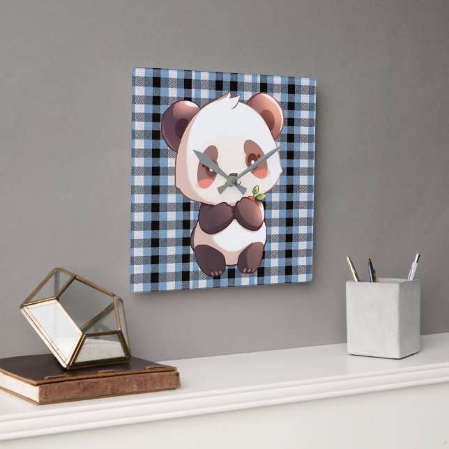 Blue Plaid Panda Square Wall Clock (Office)