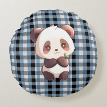 Blue Plaid Panda Throw Pillow