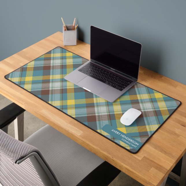 Blue Plaid Pattern Custom Name Monogram Text  Desk Mat (Office 2)