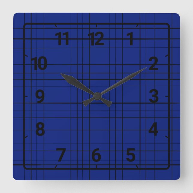 Blue plaid pattern square wall clock (Front)
