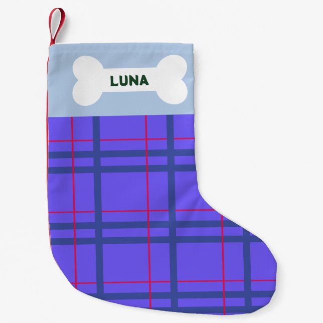 Blue Plaid Patterned Pet Dog Small Christmas Stocking (Front)