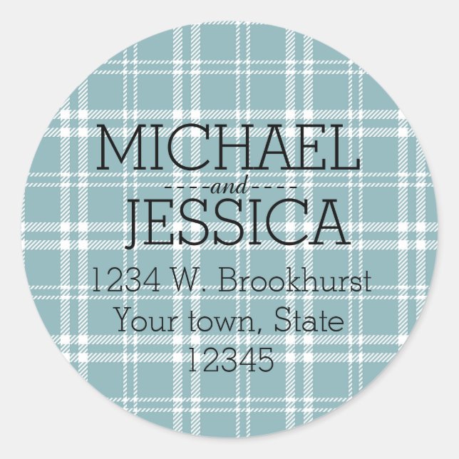 Blue Plaid Personalised name and address Classic Round Sticker (Front)